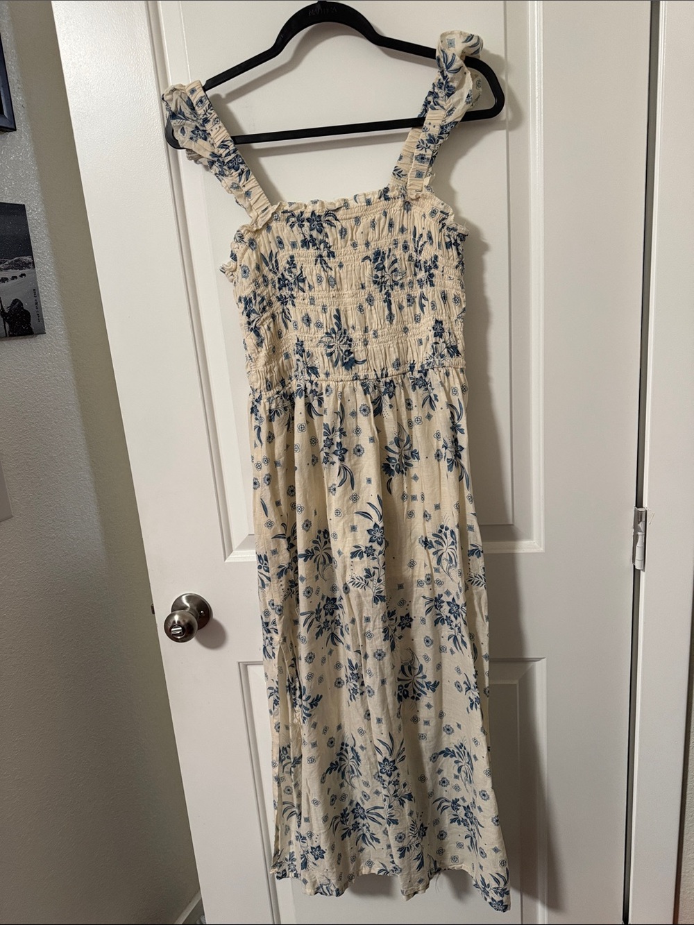 Cream Floral Smocked Midi Dress with Blue Print